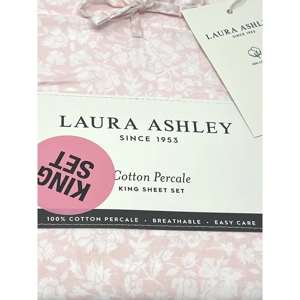 LAURA ASHLEY Heirloom Ditzy Percale Cotton KING Sheet Set Light Pink White NWT